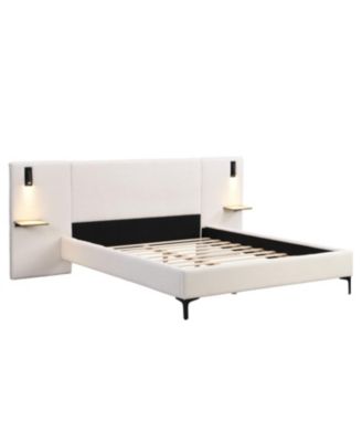 Queen Chic Boucle Upholstered Bed with Integrated Lights and Shelves