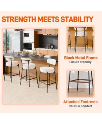 Bar Stools Set of 3, 24 Inches Modern Counter Height Bar Stools with Curved Back Metal Legs, Upholstered Tall Barstools