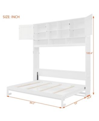 Queen Size Wall Murphy Bed with Ample Storage Space and Chevron Stripes, White