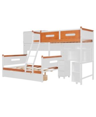 Twin Over Full Bunk Bed w/ Desk, Drawers, Shelves, Cabinet & LED Light