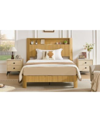  Full XL Bed Frame- Storage Headboard, Charging Station, Natural