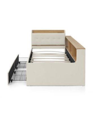 Twin Velvet Daybed- Storage Headboard, Wireless Charging, LED, Beige