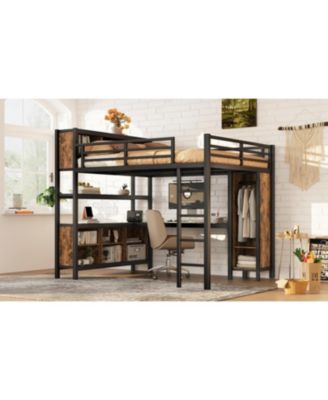  Queen Loft Bed with Wardrobe, Desk & Storage - Black Woodgrain