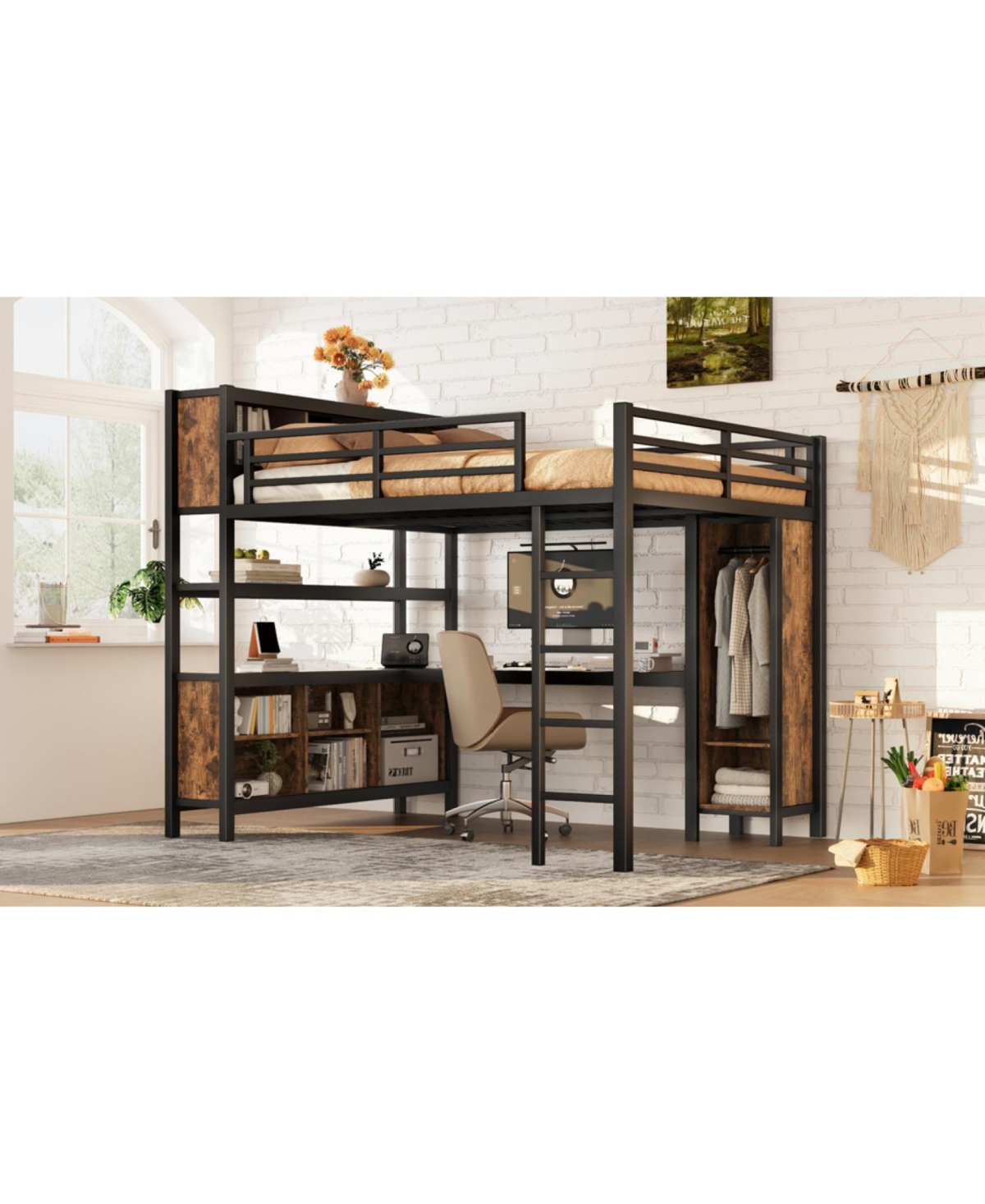 Streamdale Furniture Queen Loft Bed with Wardrobe, Desk & Storage - Black Woodgrain