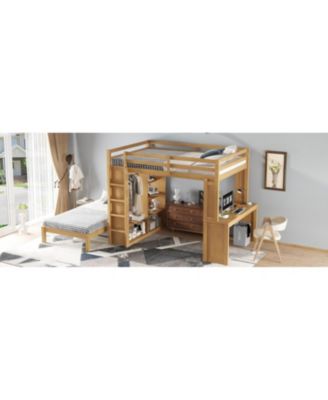  Queen over Twin Bunk Bed with Desk, Shelves & Wardrobe - Natural