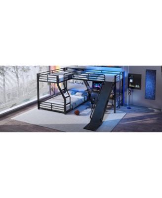 L-Shaped Twin/Full Bunk Bed with Loft, Slide & USB, Black