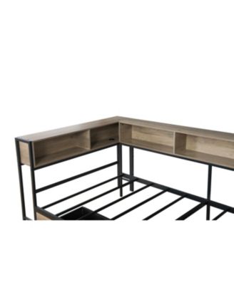  Corner Bed Frame Twin with Bookcase, Drawers, LED, Charging