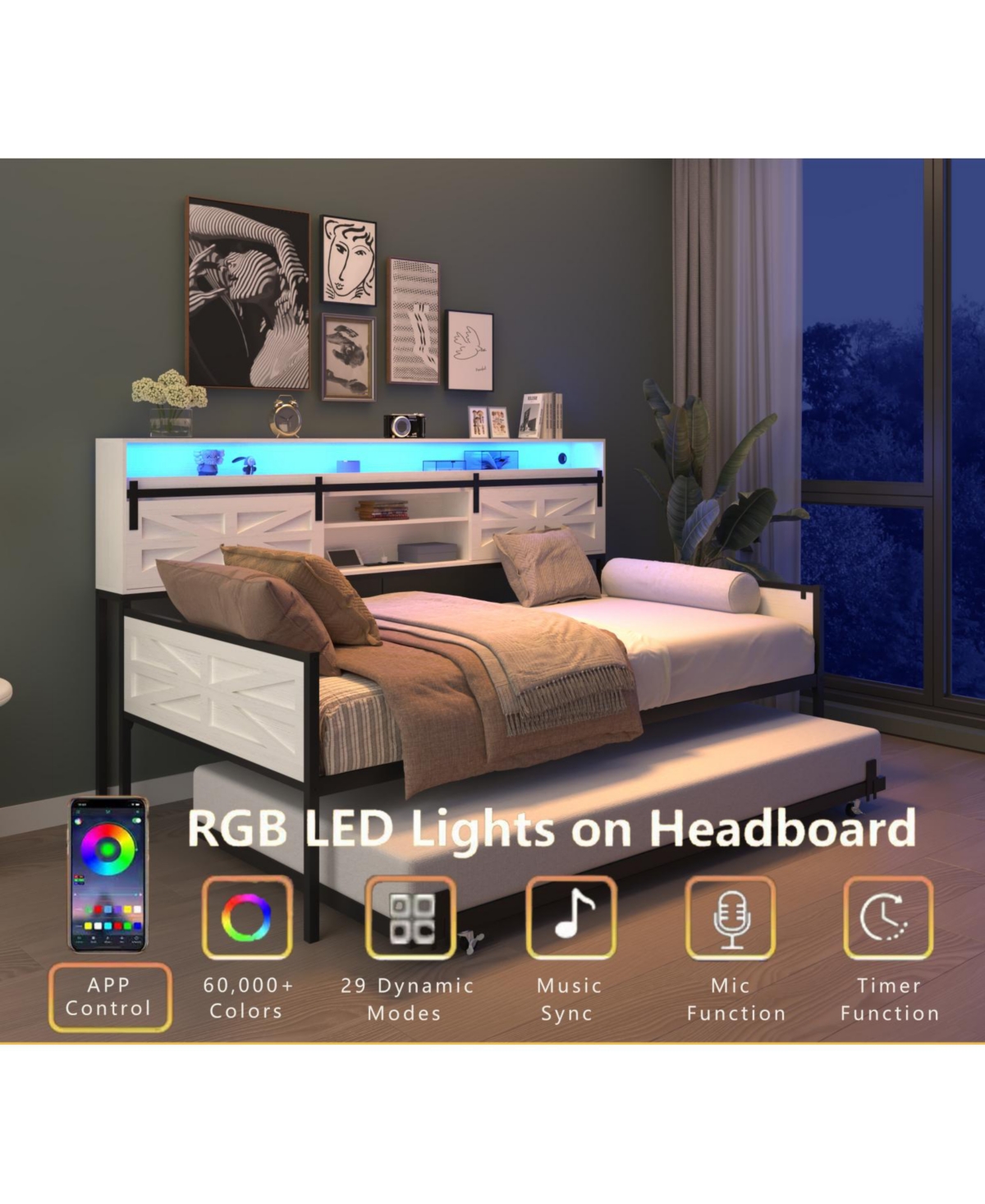 Streamdale Furniture Twin Daybed with Trundle, Barn Door Headboard, Charging Station