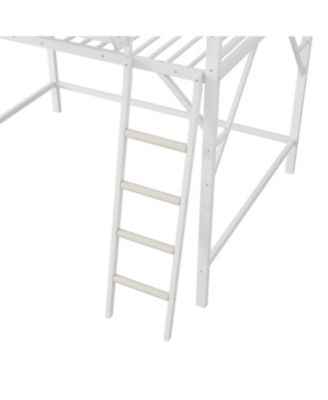 Queen Size Metal Loft Bed with Shelves & Ladder