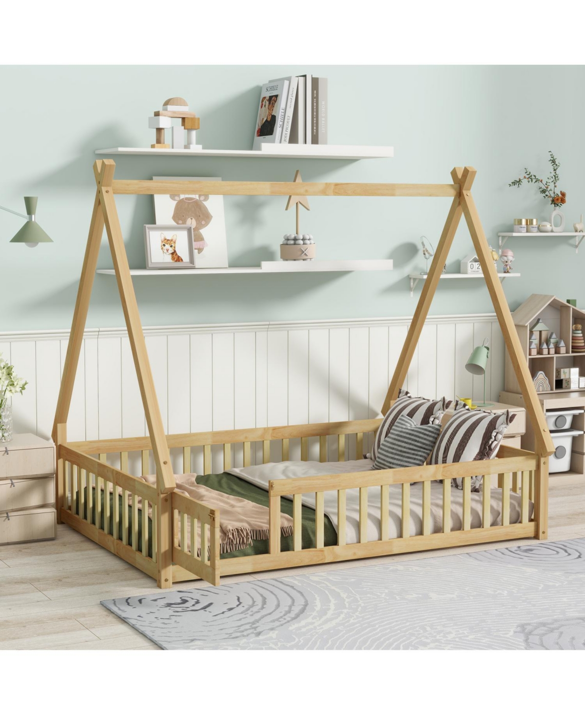 Streamdale Furniture Streamdale Rubber Wood Tent Floor Bed with Guardrails & Door