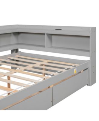 L-Shaped Bookcase Bed with Power Outlets, USB & Drawers - Grey