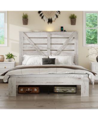 Queen White Wood Platform Bed Frame, Headboard, Under Bed Storage