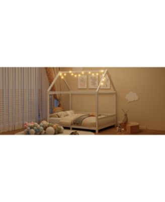 Streamdale Wood Full Size House Bed with Guardrail and LED, White