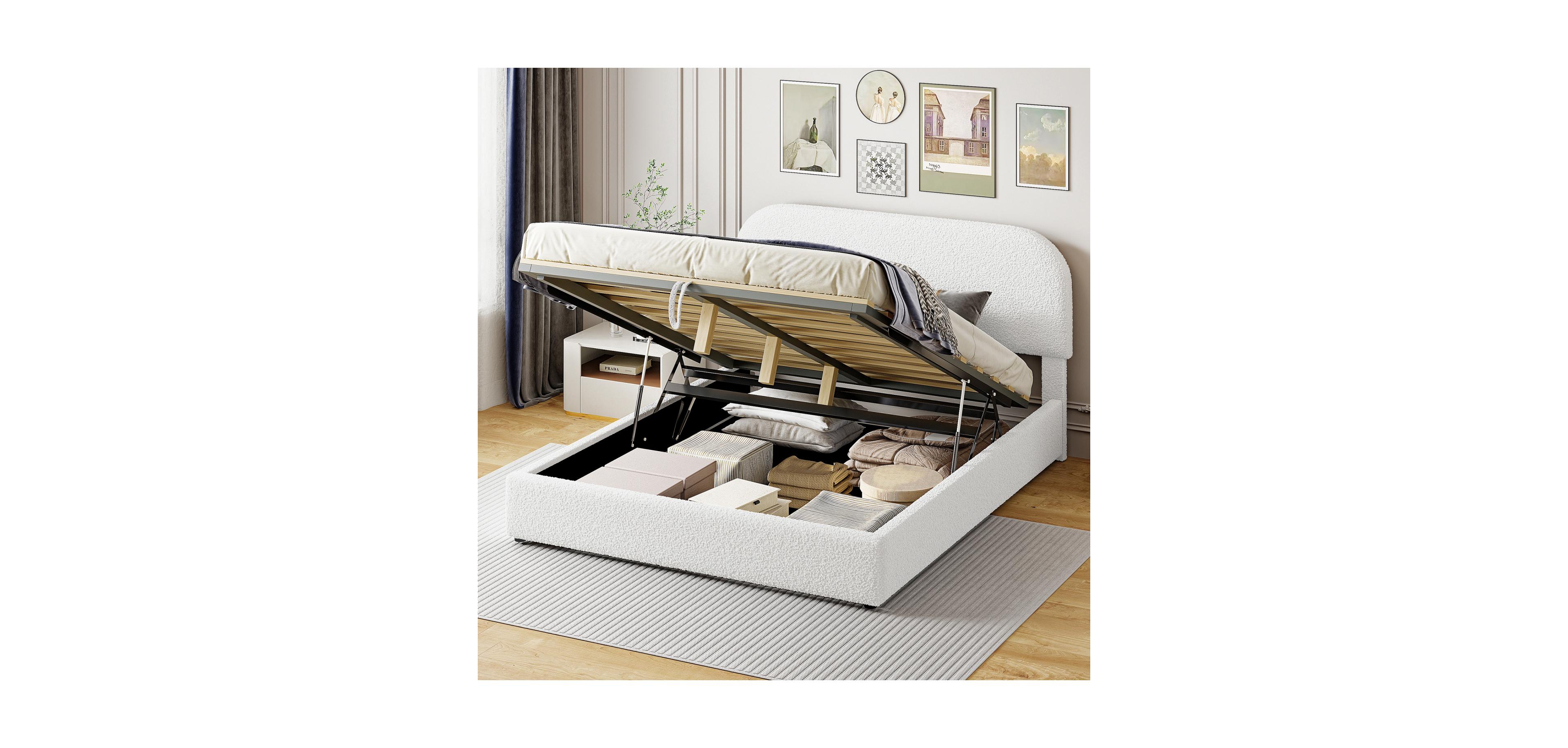 Streamdale Furniture White Teddy Fleece Queen Platform Bed with Storage