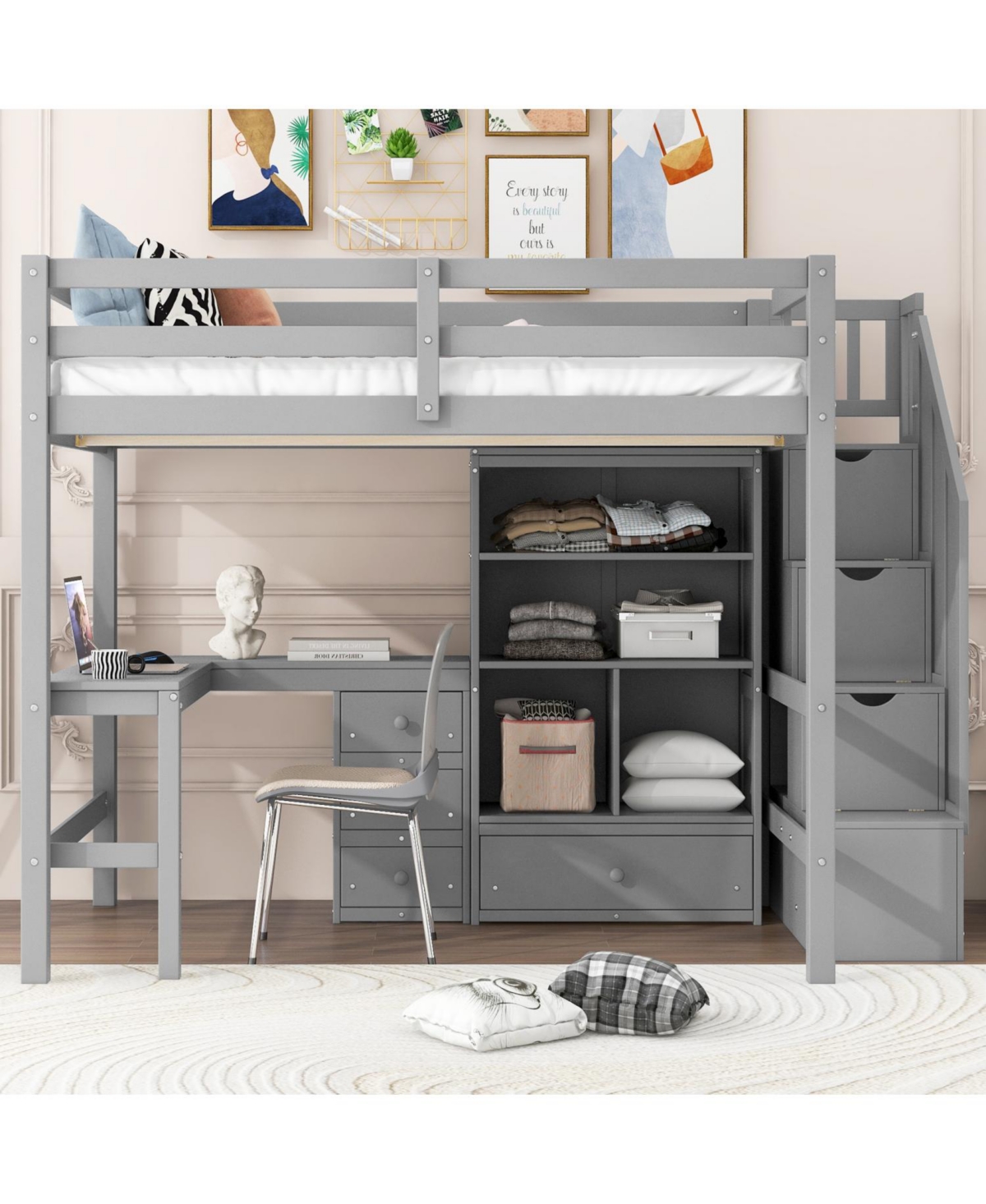 Streamdale Furniture Full Loft Bed with Desk, Drawers & Storage Staircase