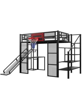 Metal Loft Bed with Desk, Wardrobe, Slide & Stairs