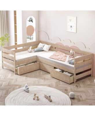 Twin Size L-shaped Platform Bed with Three Storage Drawers