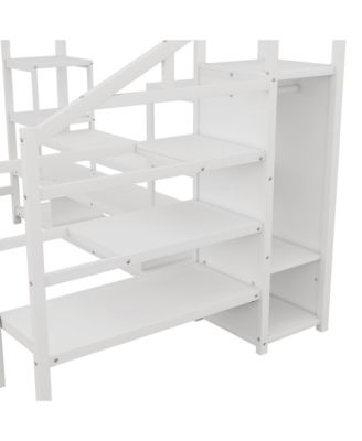  Full Size White Metal Loft Bed with Staircase & Wardrobe