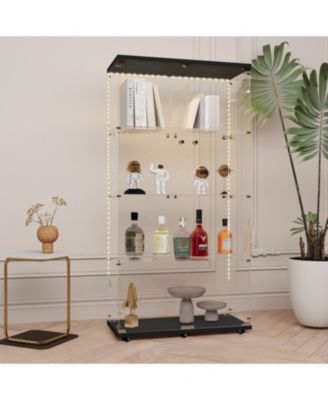  Black Tempered Glass Cabinet w/ LED, Lock & Wheels