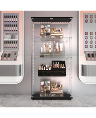  Black Tempered Glass Cabinet w/ LED, Lock & Wheels