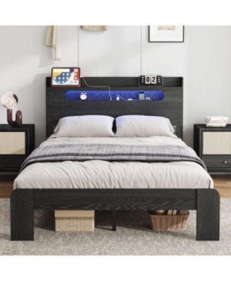 King Wood Bed Frame LED USB Storage