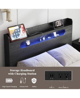 King Wood Bed Frame LED USB Storage