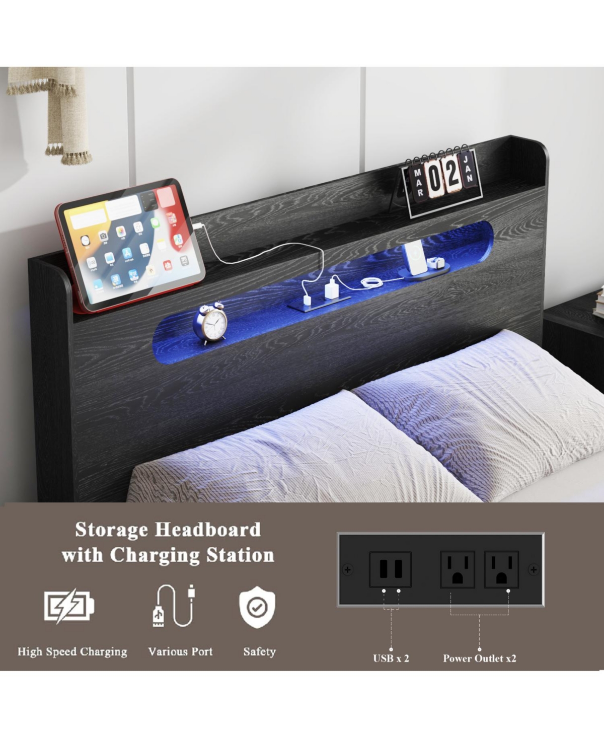 Streamdale Furniture King Wood Bed Frame Led Usb Storage