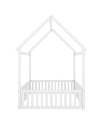 Full Size Wood House Bed with Fence and Door