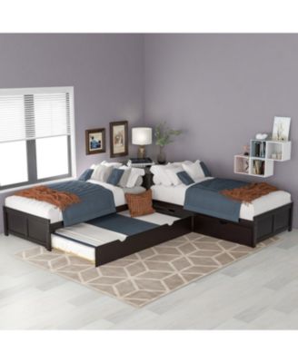 Twin L-Shaped Platform Bed with Trundle, Drawers, and Desk