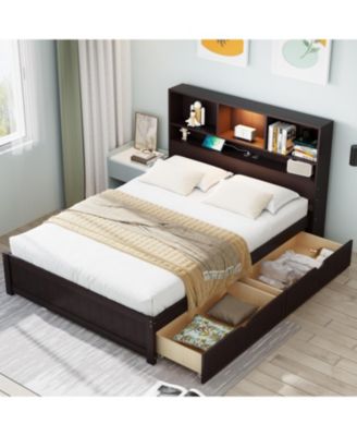 Twin Platform Bed with Bookcase Headboard, Downlight, Charger, Drawers