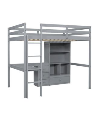 High Loft Bed with Desk, Storage, Ladder, Grey