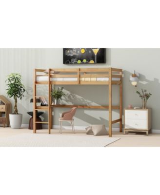 Twin Loft Bed with Desk and Guardrail, White Oak