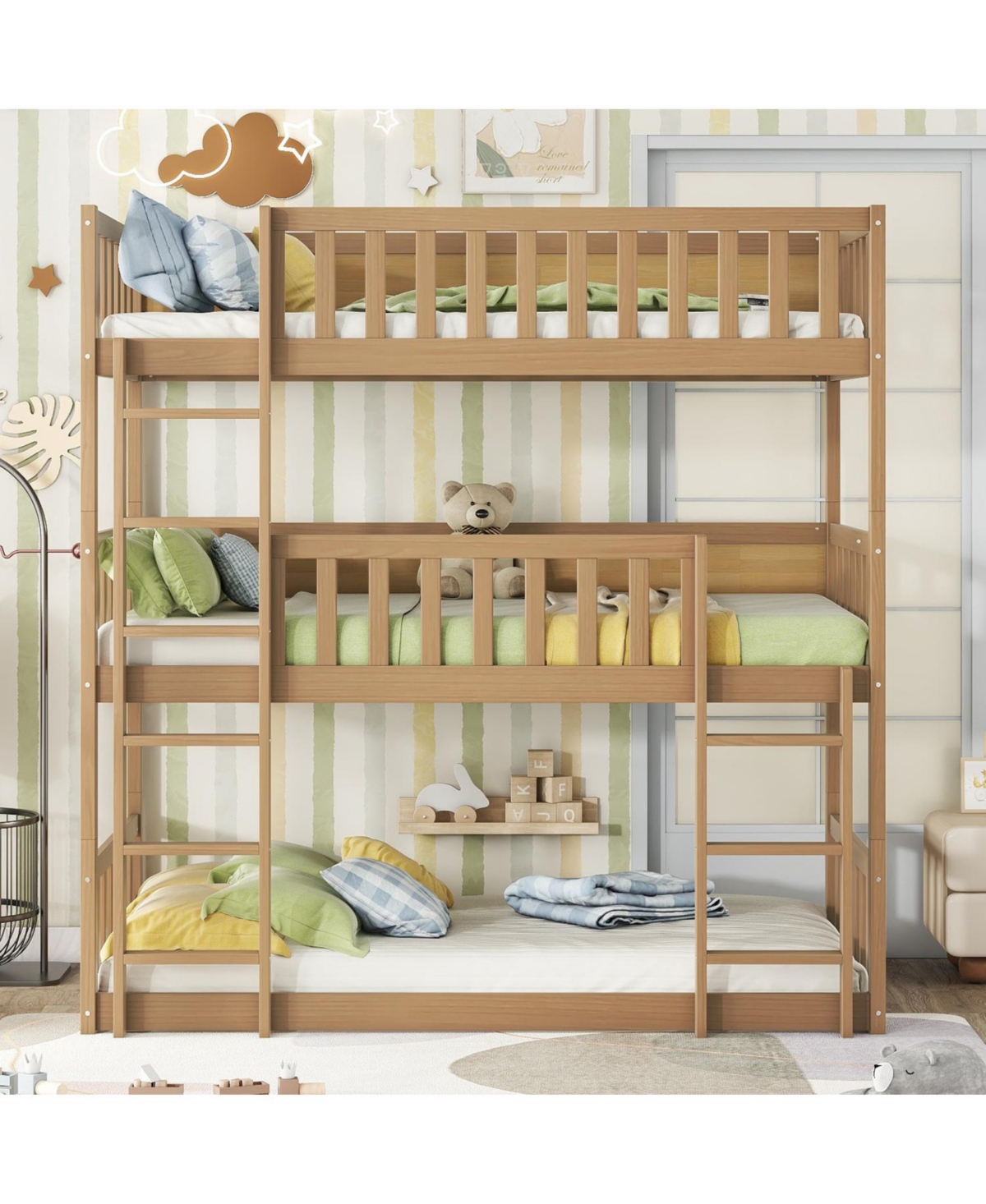 Streamdale Furniture Twin Triple Wood Bunk Bed, Ladders, Detachable