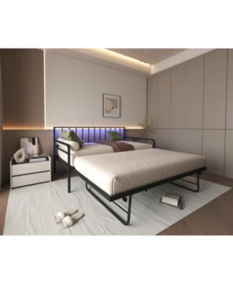 Twin Daybed with RGB LED Lights & Charging Station, Adjustable Frame & Trundle