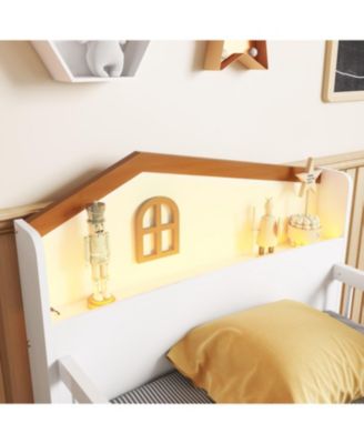 Streamdale Low Loft Bed with LED Lights, Wooden Twin Loft Bed with House Shape Headboard, Kids Loft Bed with Storage Drawers