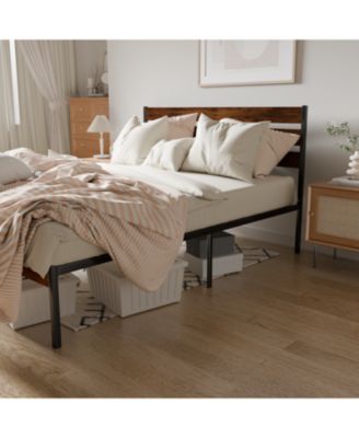 Iron Platform Bed Frame with Rustic Wood Headboard & Footboard (Queen Size) - Brown