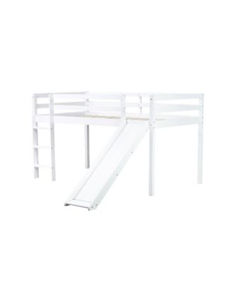 Twin Low Loft Bed with Slide, Ladder, Safety Guardrails, Rubber Wood Twin Loft Bed,White