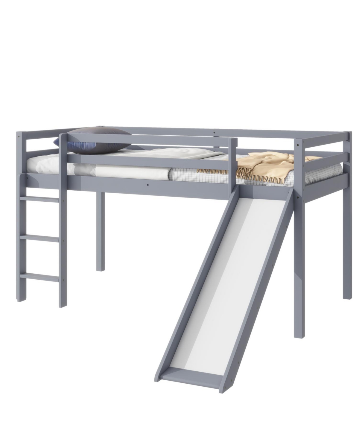 Streamdale Furniture Twin Low Loft Bed with Slide, Ladder, Safety Guardrails, Rubber Wood Twin Loft Bed