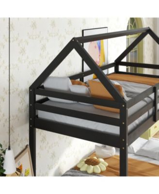 Twin over Twin Rubber Wood Floor Bunk Bed, with ladder,Guardrails,House-Shaped