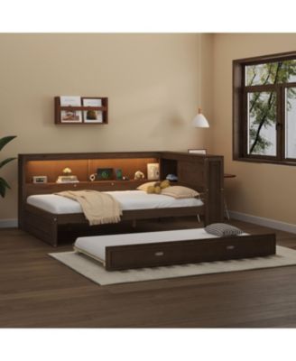 Full Size Wood Daybed with Storage Shelves, USB, LED, and Trundle