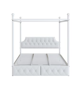Queen Size Metal Canopy Platform Bed with Upholstered Headboard and Two Storage Drawers