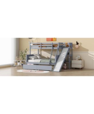 Twin over Full Bunk Bed with 2 Drawers, Slide, Shelves, Ladder, Rubber Wood Bunk Bed with Slide, Drawers