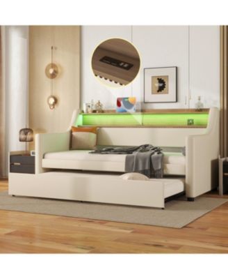 Twin Size Daybed with Trundle, Upholstered Daybed with Charging Station and LED Lights