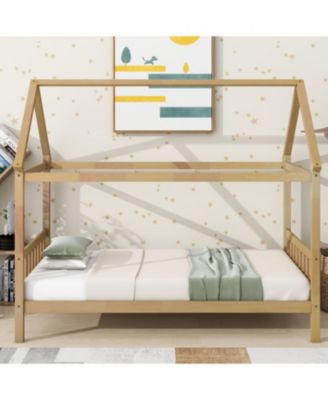  Twin House Bed with Headboard and Footboard, Twin Rubber Wood Bed with House Frame,White OAK