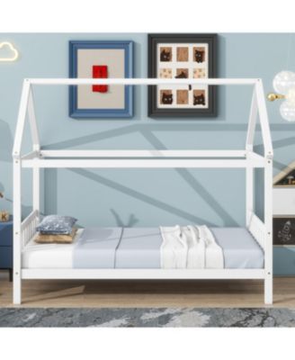 Twin House Bed with Headboard and Footboard, Twin Rubber Wood Bed with House Frame