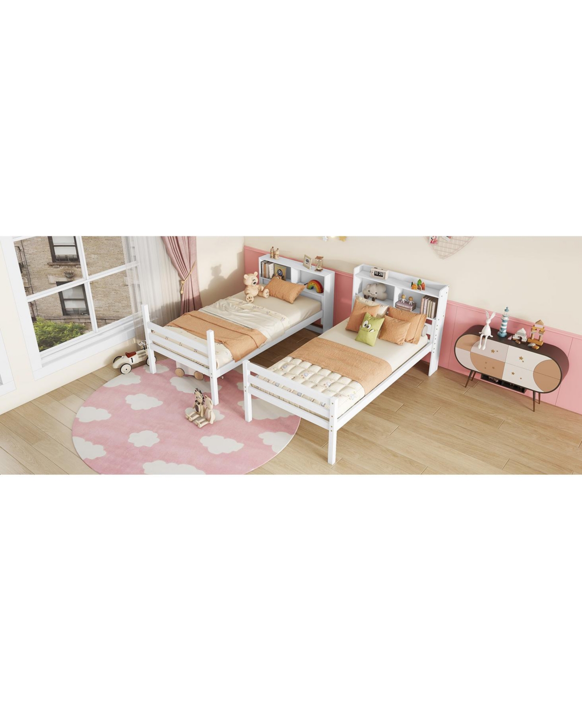 Streamdale Furniture Twin Over Twin Bunk Bed with Shelves and Guardrails, Convertible to 2 Beds