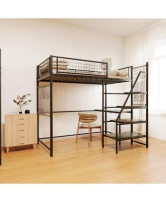 Twin sized loft metal bed with black for bedroom and dormitory, with built-in charging station and LED lighting