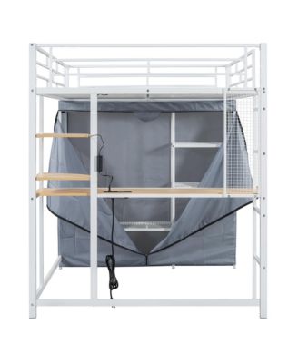 Full Size Loft Metal Bed with Desk,Shelves,Power Outlet,LED Light and Wardrobe