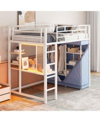 Twin Size Loft Metal Bed with Desk,Shelves,Power Outlet,LED Light and Wardrobe