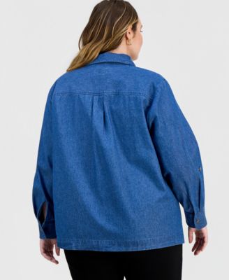 Plus Size Roll-Tab-Sleeve Button-Front Cotton Denim Shirt